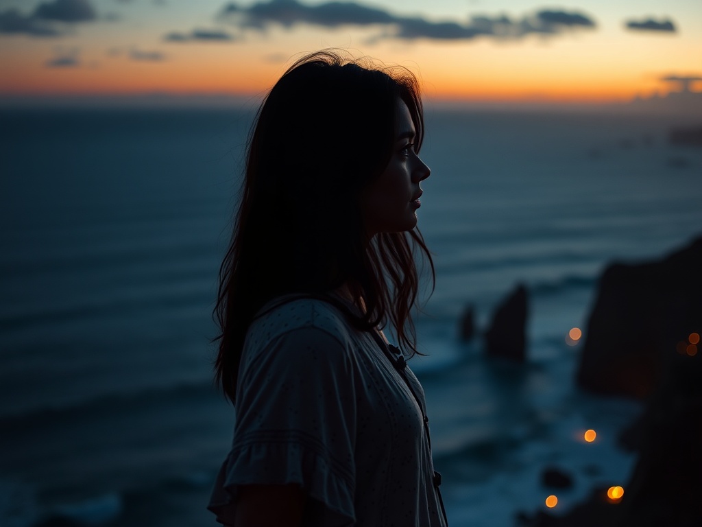 A young sensitive woman silhouette on a cliff at dusk, ocean waves glowing teal, warm Tenerife lantern-like lights, spiritual halo mist, yearning expression, cinematic realism