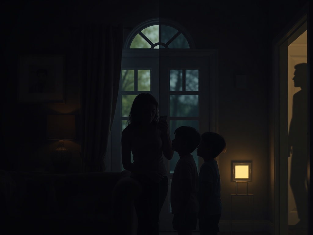 Moody home interior, split lighting, devastated woman with three children, two child silhouettes with gentle autism cues, phone glowing, emotional storm, soft hope doorway, subtle man figure.