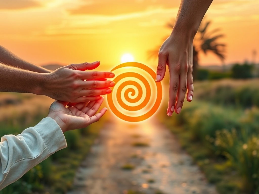 A warm sunrise over a quiet path; four varied hands gently holding a glowing seven-step spiral symbol; serene spiritual atmosphere, soft watercolor light, deep meaning, no logos