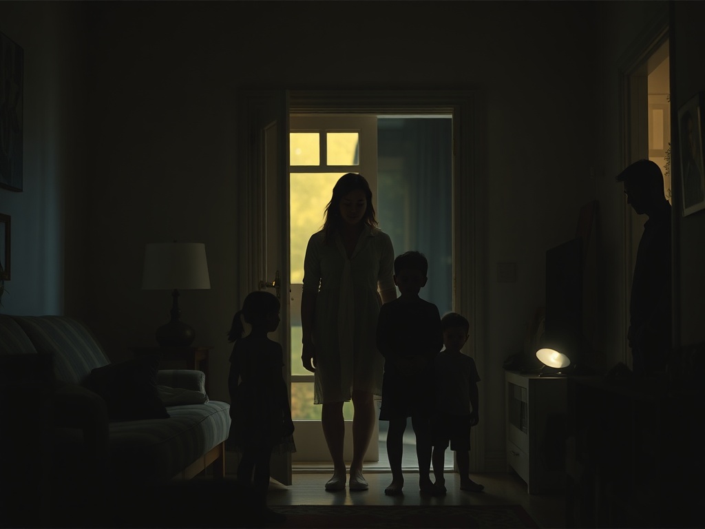 Moody home interior, split lighting, devastated woman with three children, two child silhouettes with gentle autism cues, phone glowing, emotional storm, soft hope doorway, subtle man figure.