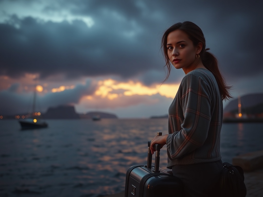 A young high-sensitivity woman on a storm-lit harbor at dusk, suitcase and compass, distant Tenerife silhouette, ocean mist spiraling into warm light, emotional tension, cinematic realism, intimate spiritual aura, no logos, no words.