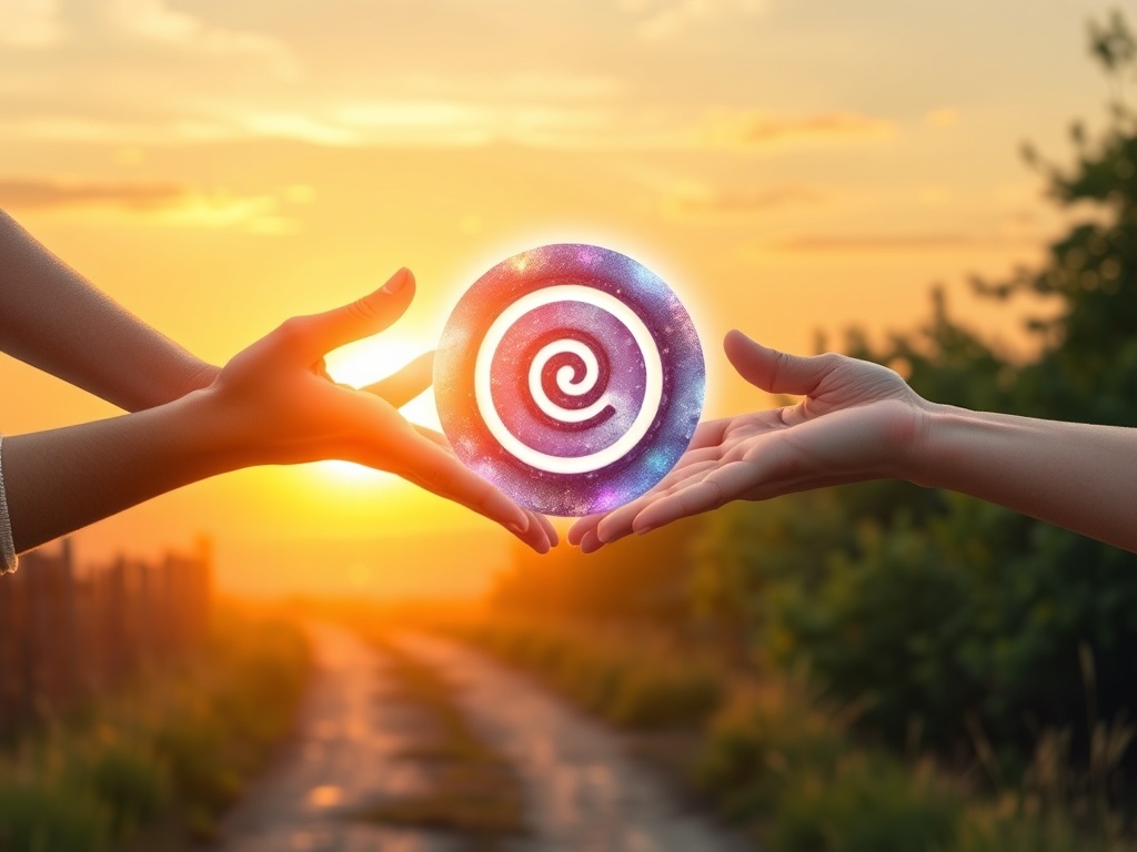 A warm sunrise over a quiet path; four varied hands gently holding a glowing seven-step spiral symbol; serene spiritual atmosphere, soft watercolor light, deep meaning, no logos