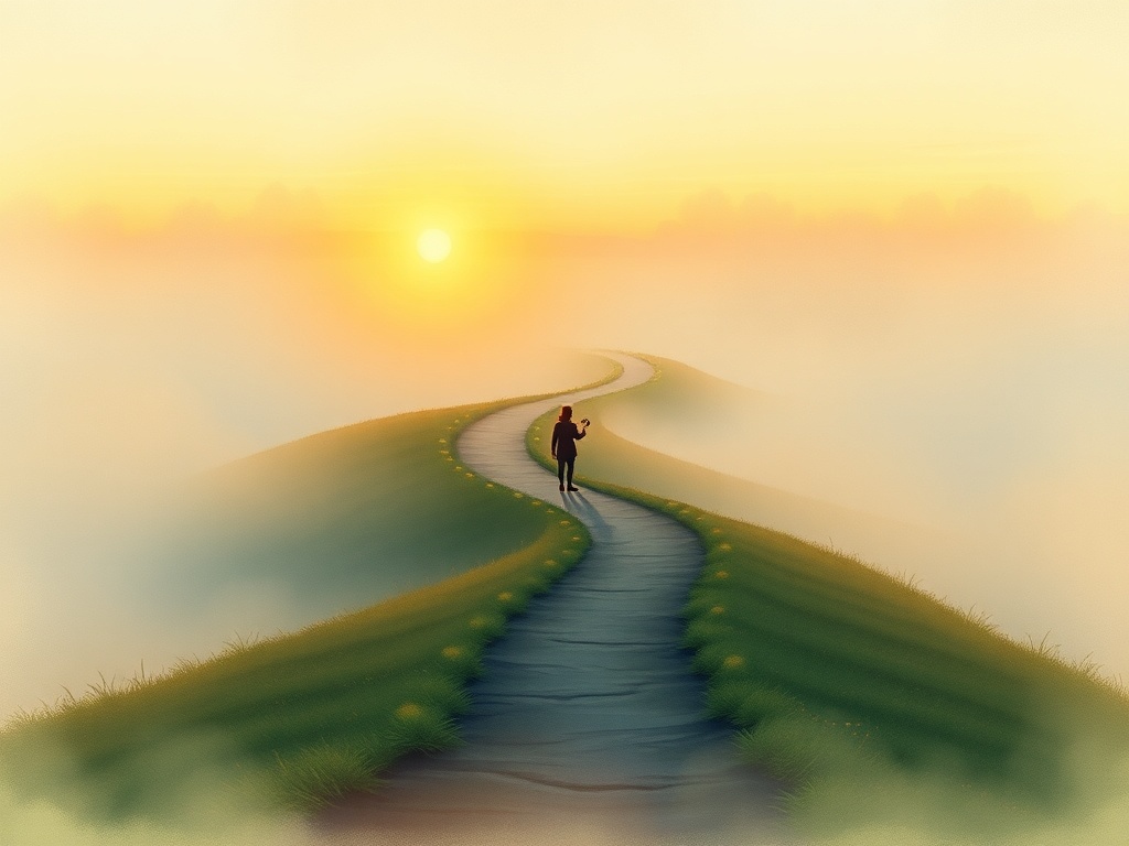 A serene dawn landscape with winding path through mist, seven subtle glowing milestones, contemplative lone figure holding a small compass, warm hopeful colors, soft watercolor style.