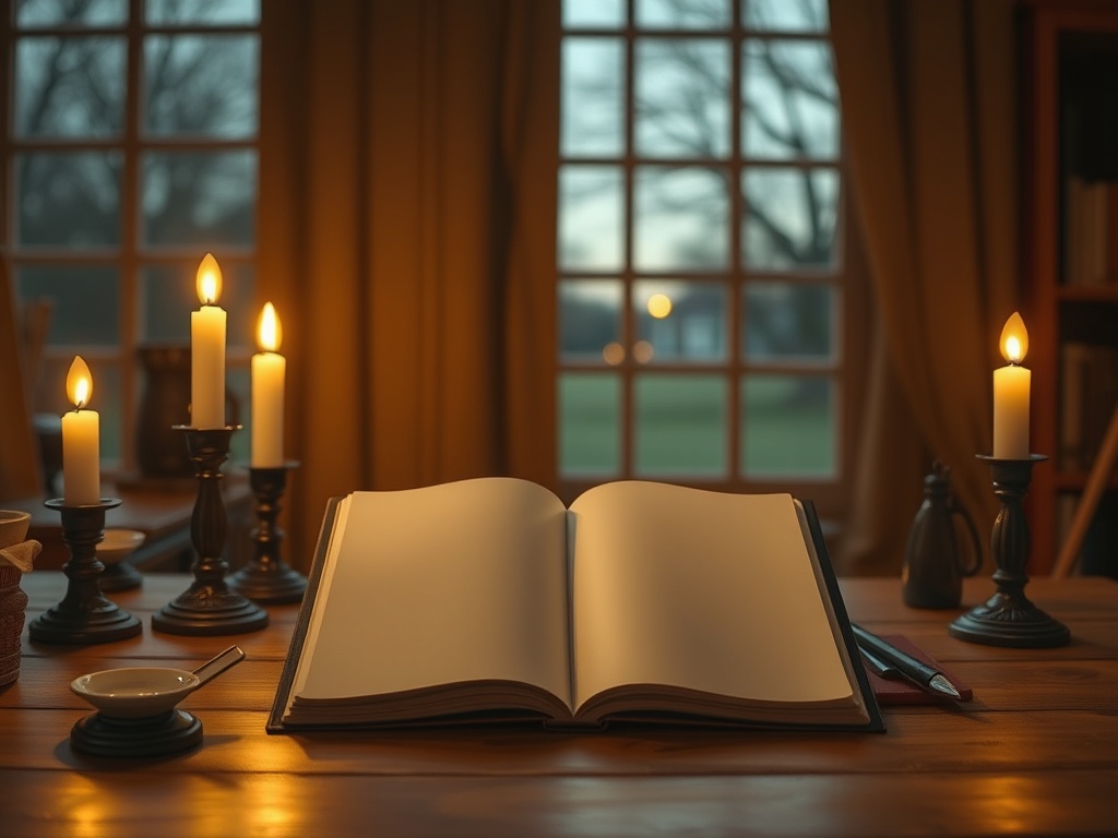 A serene desk scene with an open blank journal, soft candlelight, subtle circular light rings suggesting “seven stages,” contemplative person silhouette, warm earthy colors, Dutch landscape window glow.