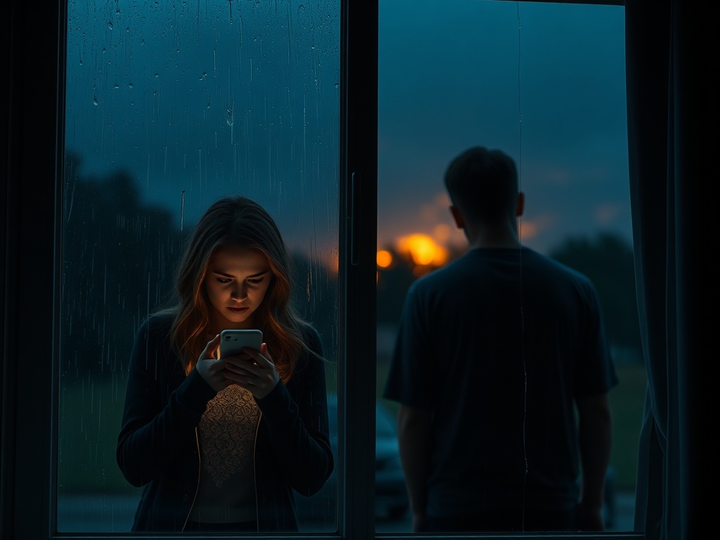 Stormy window with rain, a phone lighting worried hands, Emma in distress beside a calm Jack; warm dawn glow behind a family.