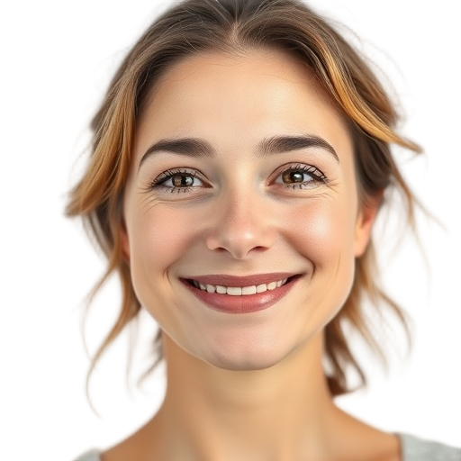 A woman smiling gently to the camera, tears glimmering, resilience in eyes, white background looking like