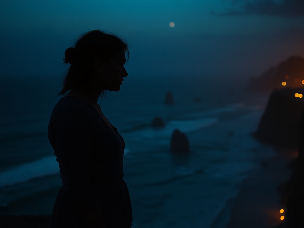 A young sensitive woman silhouette on a cliff at dusk, ocean waves glowing teal, warm Tenerife lantern-like lights, spiritual halo mist, yearning expression, cinematic realism