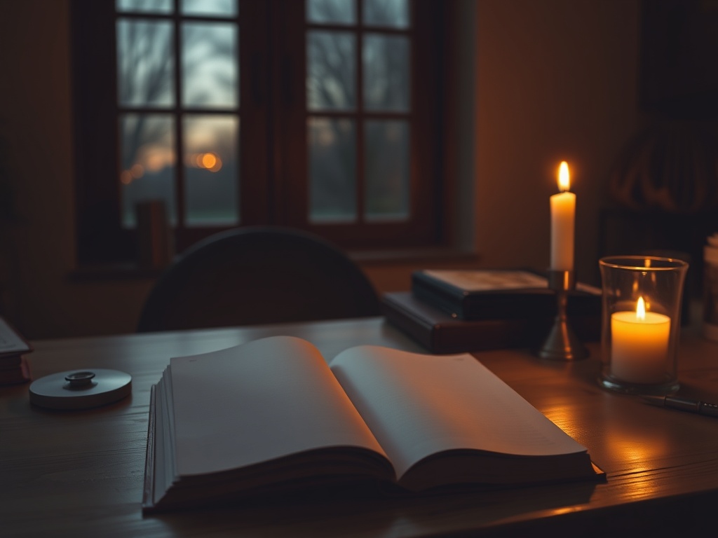 A serene desk scene with an open blank journal, soft candlelight, subtle circular light rings suggesting “seven stages,” contemplative person silhouette, warm earthy colors, Dutch landscape window glow.