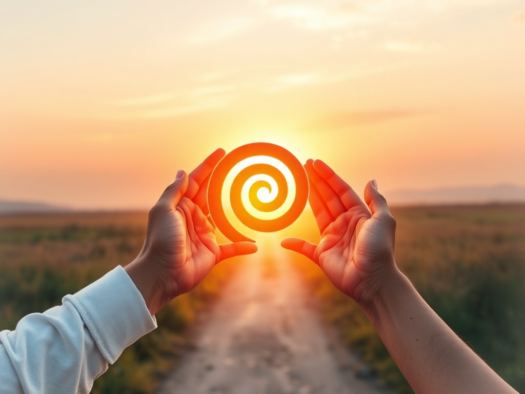 A warm sunrise over a quiet path; four varied hands gently holding a glowing seven-step spiral symbol; serene spiritual atmosphere, soft watercolor light, deep meaning, no logos