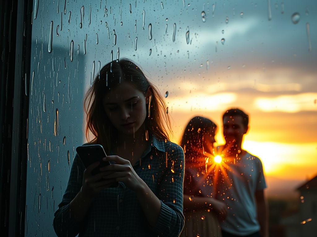 Stormy window with rain, a phone lighting worried hands, Emma in distress beside a calm Jack; warm dawn glow behind a family.