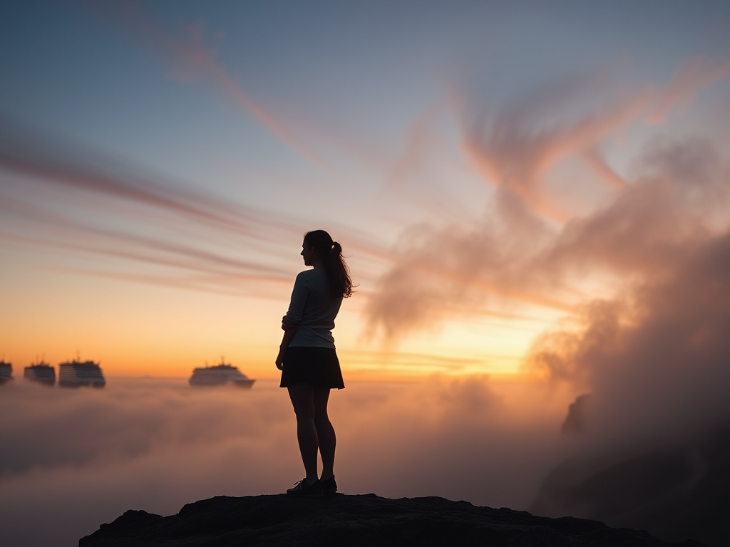 “Joan, a high-sensitivity young woman, standing on Tenerife cliffs at dusk, swirling warm mist, distant ships, shadowy father silhouette, glowing compass-like aura, introspective.”