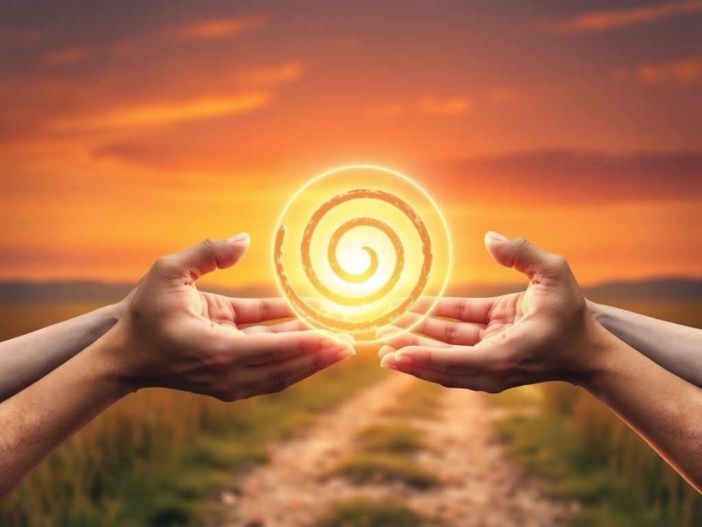 A warm sunrise over a quiet path; four varied hands gently holding a glowing seven-step spiral symbol; serene spiritual atmosphere, soft watercolor light, deep meaning, no logos