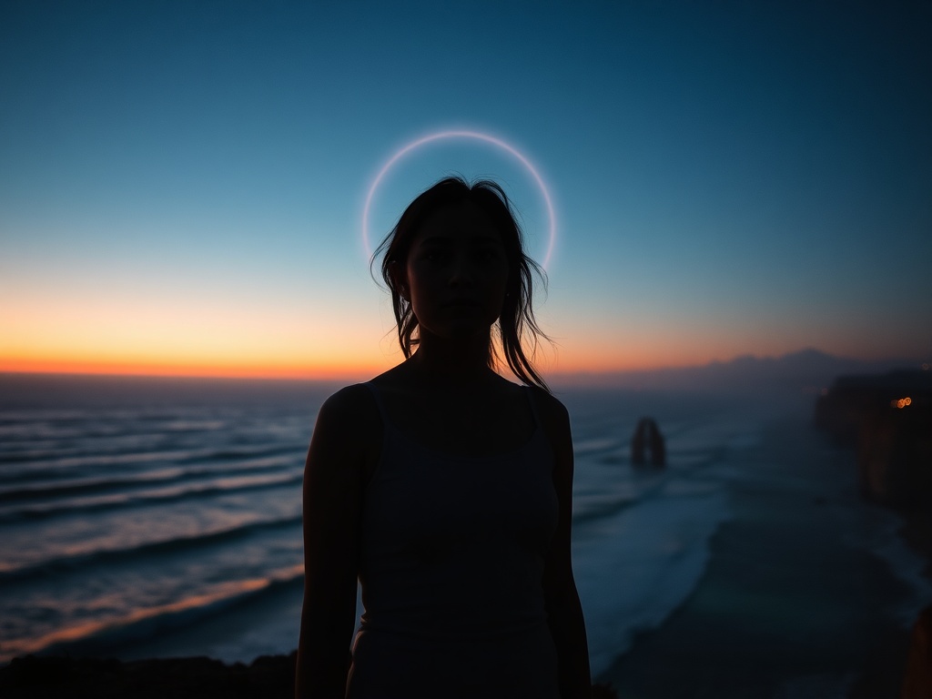 A young sensitive woman silhouette on a cliff at dusk, ocean waves glowing teal, warm Tenerife lantern-like lights, spiritual halo mist, yearning expression, cinematic realism