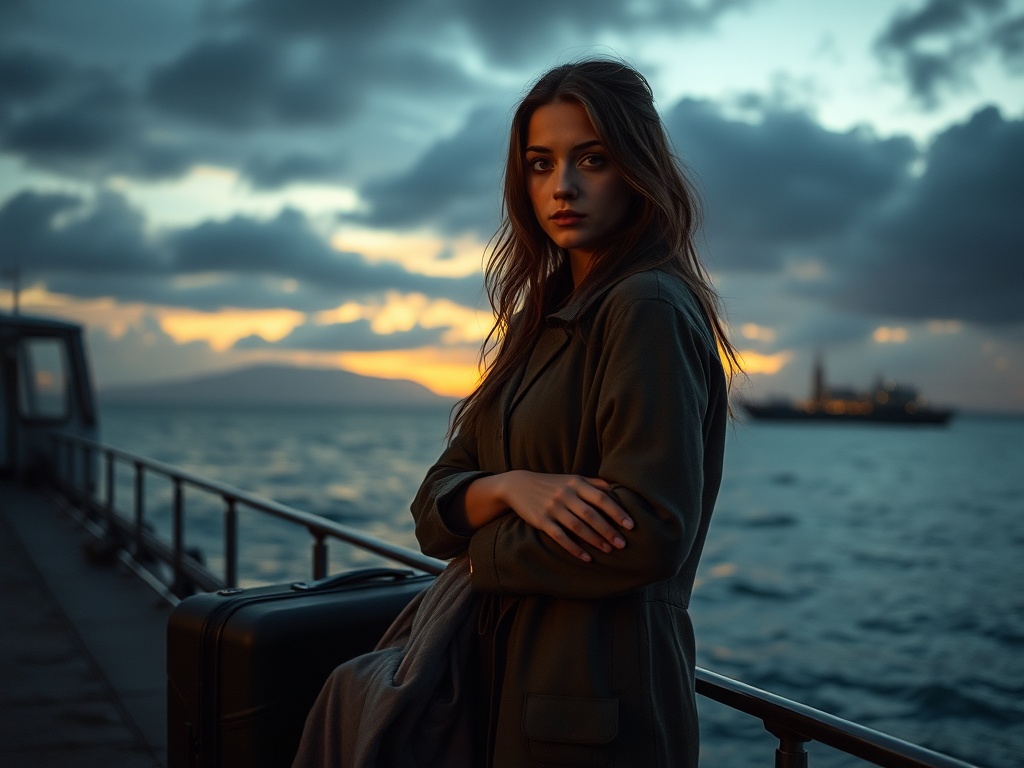 A young high-sensitivity woman on a storm-lit harbor at dusk, suitcase and compass, distant Tenerife silhouette, ocean mist spiraling into warm light, emotional tension, cinematic realism, intimate spiritual aura, no logos, no words.
