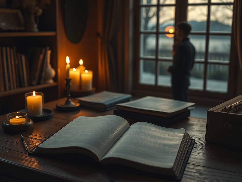 A serene desk scene with an open blank journal, soft candlelight, subtle circular light rings suggesting “seven stages,” contemplative person silhouette, warm earthy colors, Dutch landscape window glow.