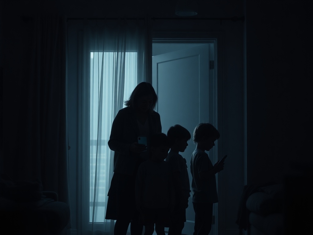 Moody home interior, split lighting, devastated woman with three children, two child silhouettes with gentle autism cues, phone glowing, emotional storm, soft hope doorway, subtle man figure.