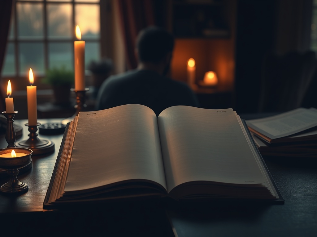 A serene desk scene with an open blank journal, soft candlelight, subtle circular light rings suggesting “seven stages,” contemplative person silhouette, warm earthy colors, Dutch landscape window glow.