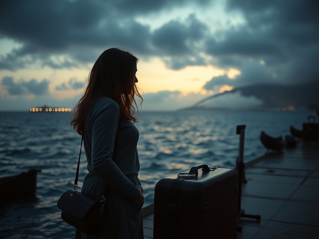 A young high-sensitivity woman on a storm-lit harbor at dusk, suitcase and compass, distant Tenerife silhouette, ocean mist spiraling into warm light, emotional tension, cinematic realism, intimate spiritual aura, no logos, no words.