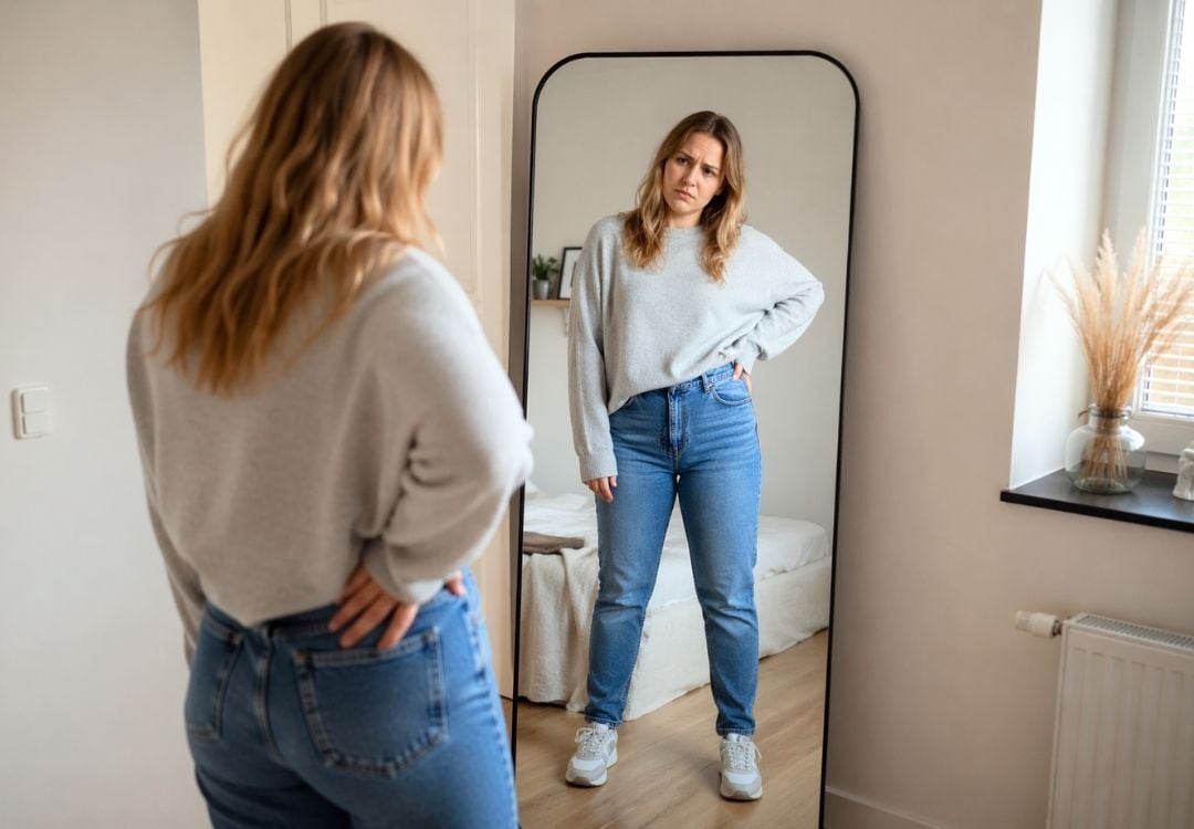 Vrouw met slecht lichaamsbeeld en eetbuien kijkt in de spiegel