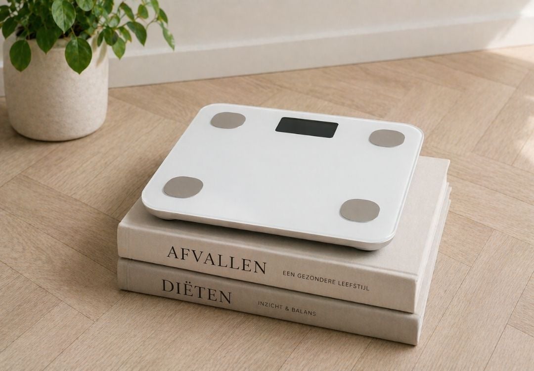Weegschaal op boeken over afvallen en diëten