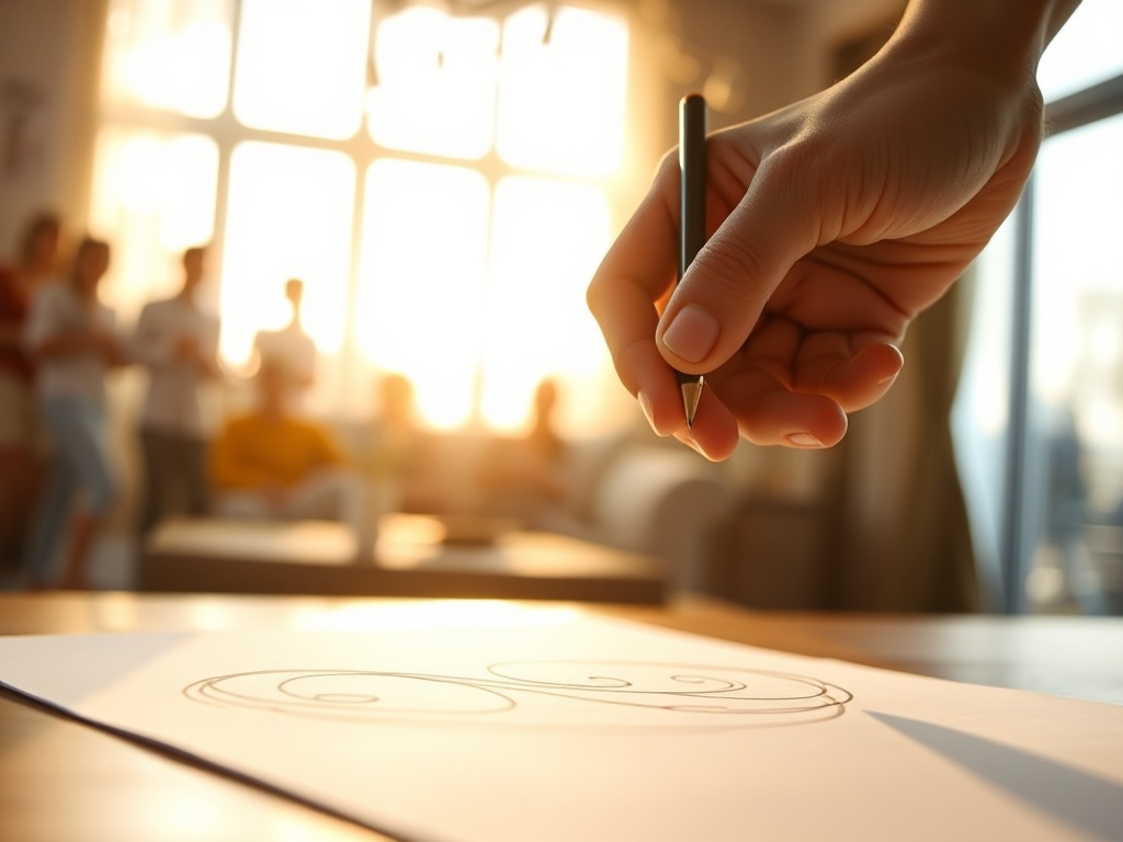 Close-up of a calm hand sketching gentle swirling lines on blank paper; warm morning light; peaceful living room; soft blurred silhouettes suggesting many participants.