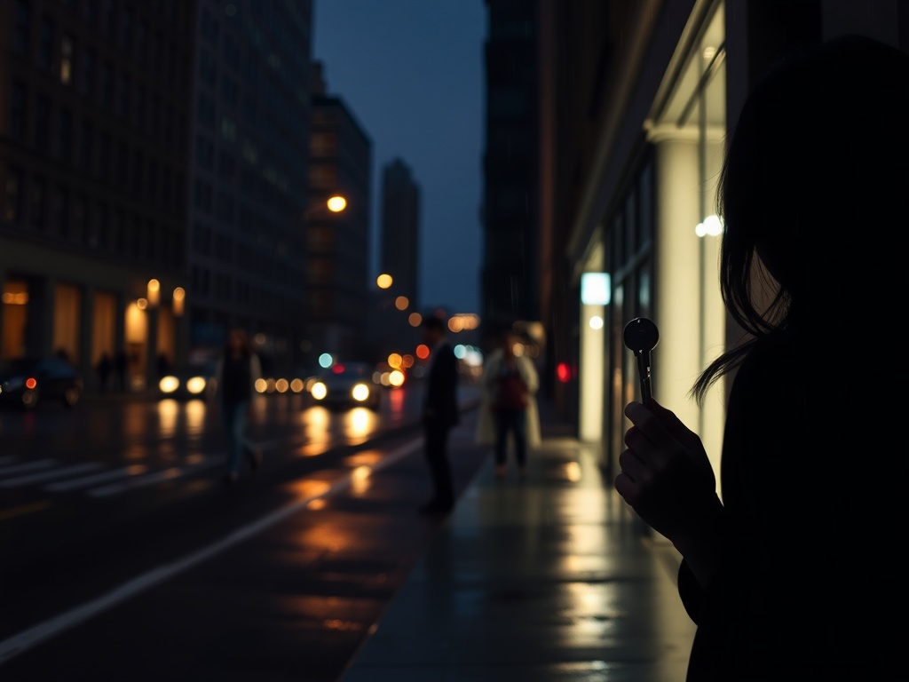 A shadowed city street at dusk, lone woman holding a key to a lit office, reflecting in rain, intimate resilience, discreet professionalism.