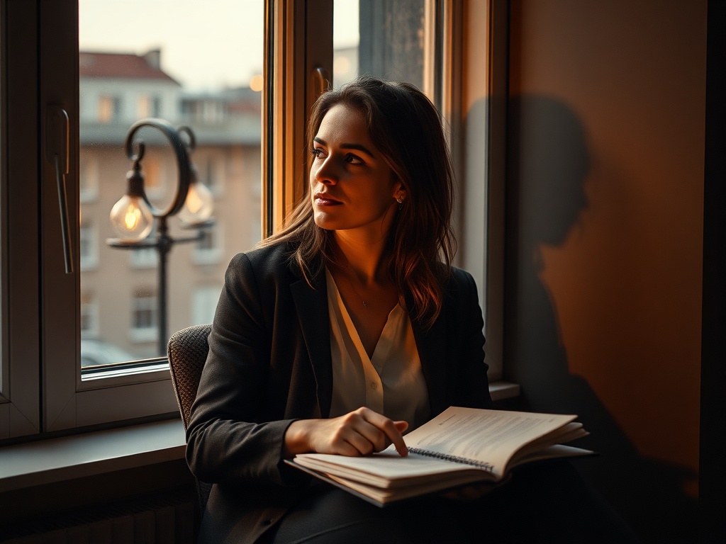 A thoughtful woman entrepreneur seated by a window, warm lamplight, open notebook, layered shadows, cinematic realism, intimate honesty.