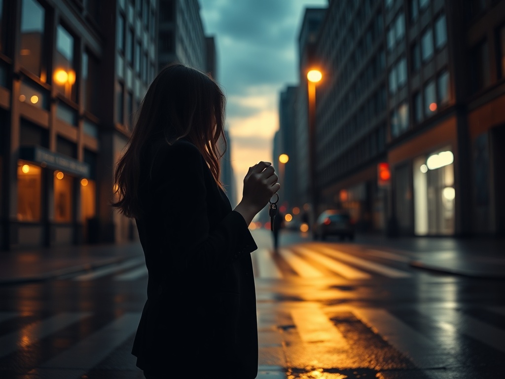 A shadowed city street at dusk, lone woman holding a key to a lit office, reflecting in rain, intimate resilience, discreet professionalism.
