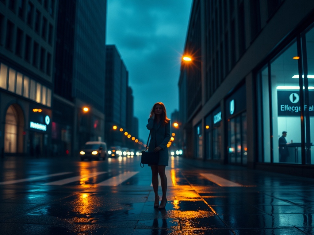 A shadowed city street at dusk, lone woman holding a key to a lit office, reflecting in rain, intimate resilience, discreet professionalism.