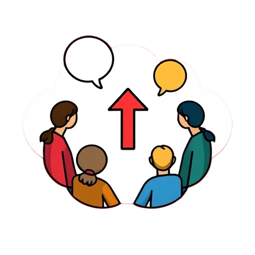 Carefully describe an image in great detail that needs to be generate, use quotes to split visual things, "team circle" "thought bubbles" "hidden pattern" "open conversation" "upward arrow"