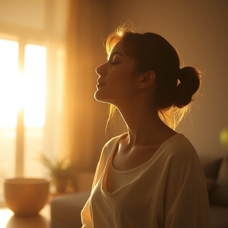 "warm sunlit interior" "woman silhouette breathing in softness" "gentle waves of light" "subtle abstract landscape" "inviting calm atmosphere" "homey textures" "minimal serene palette"