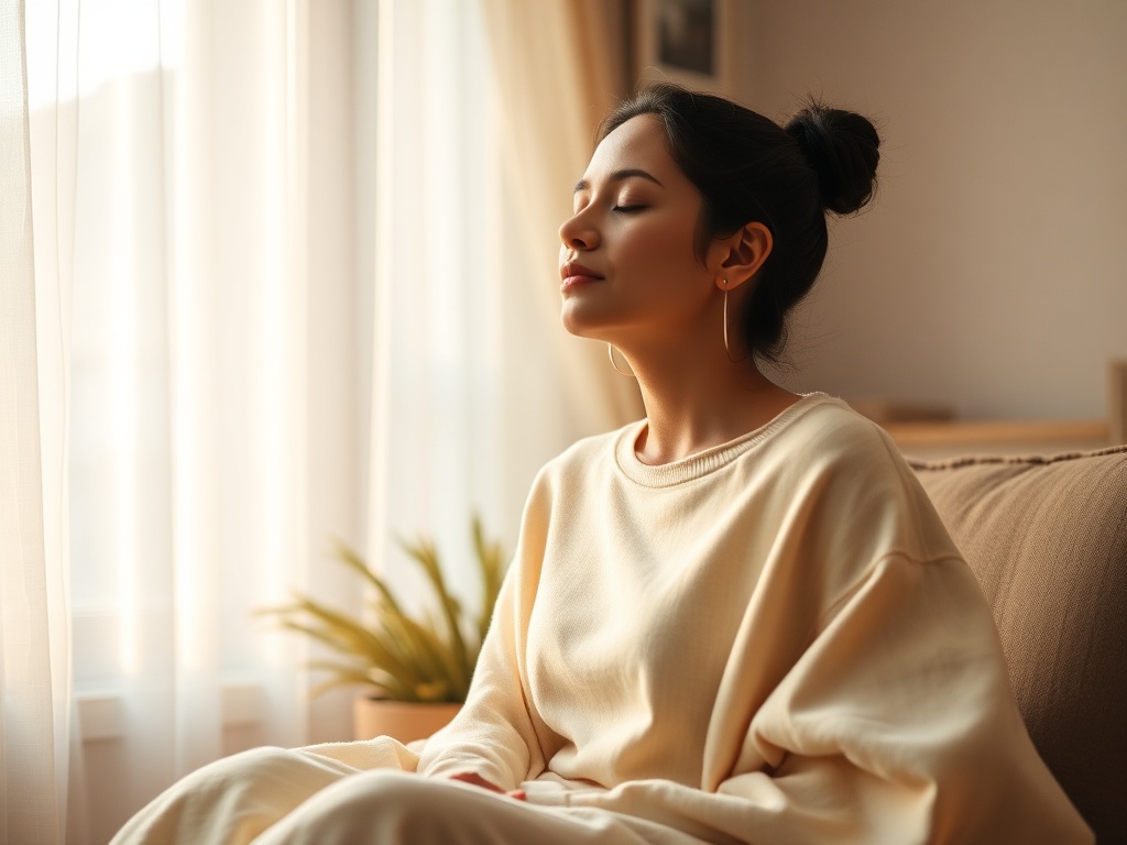 "Warm home interior, soft window light, seated person eyes closed breathing calmly, subtle flowing air lines, cozy blanket, therapist-like silhouette, gentle supportive mood, shallow depth."
