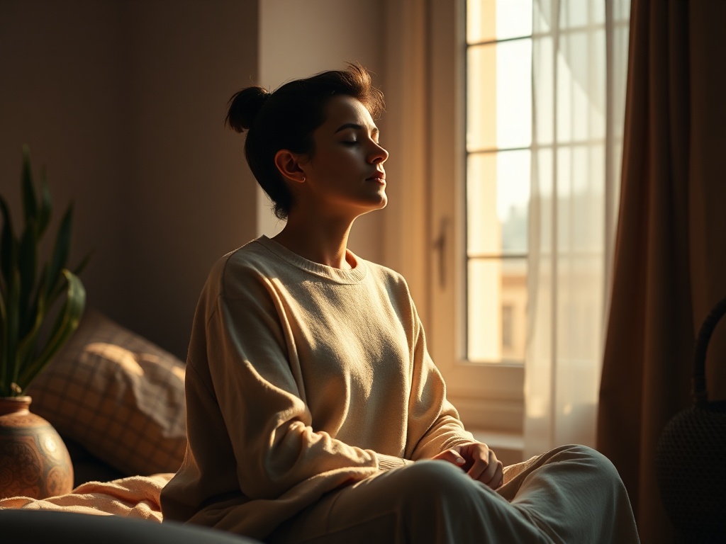 "Warm home interior, soft window light, seated person eyes closed breathing calmly, subtle flowing air lines, cozy blanket, therapist-like silhouette, gentle supportive mood, shallow depth."