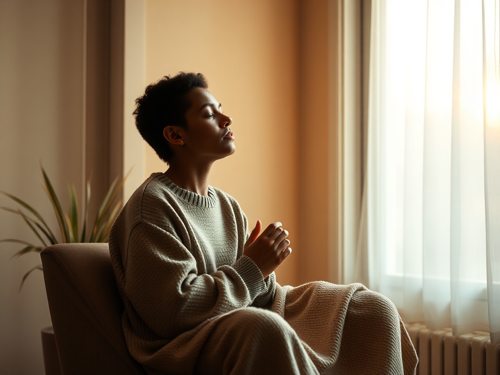 "Warm home interior, soft window light, seated person eyes closed breathing calmly, subtle flowing air lines, cozy blanket, therapist-like silhouette, gentle supportive mood, shallow depth."
