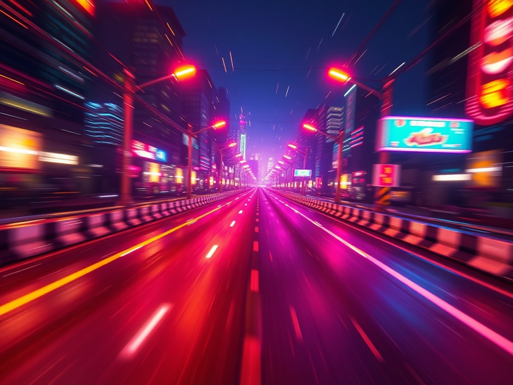A vibrant neon chicken-themed road at night, fast motion blur, dynamic sparks, glowing checkpoints, joyful gamer energy, split-second gameplay atmosphere.