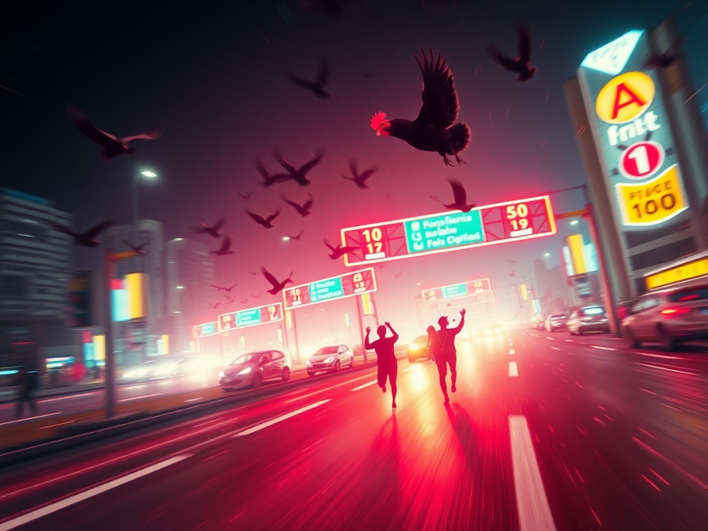 Dynamic neon-lit chicken-road scene, fast motion blur, cheering silhouettes, birds in flight, bright checkpoints ahead, energetic particles, cinematic lighting.