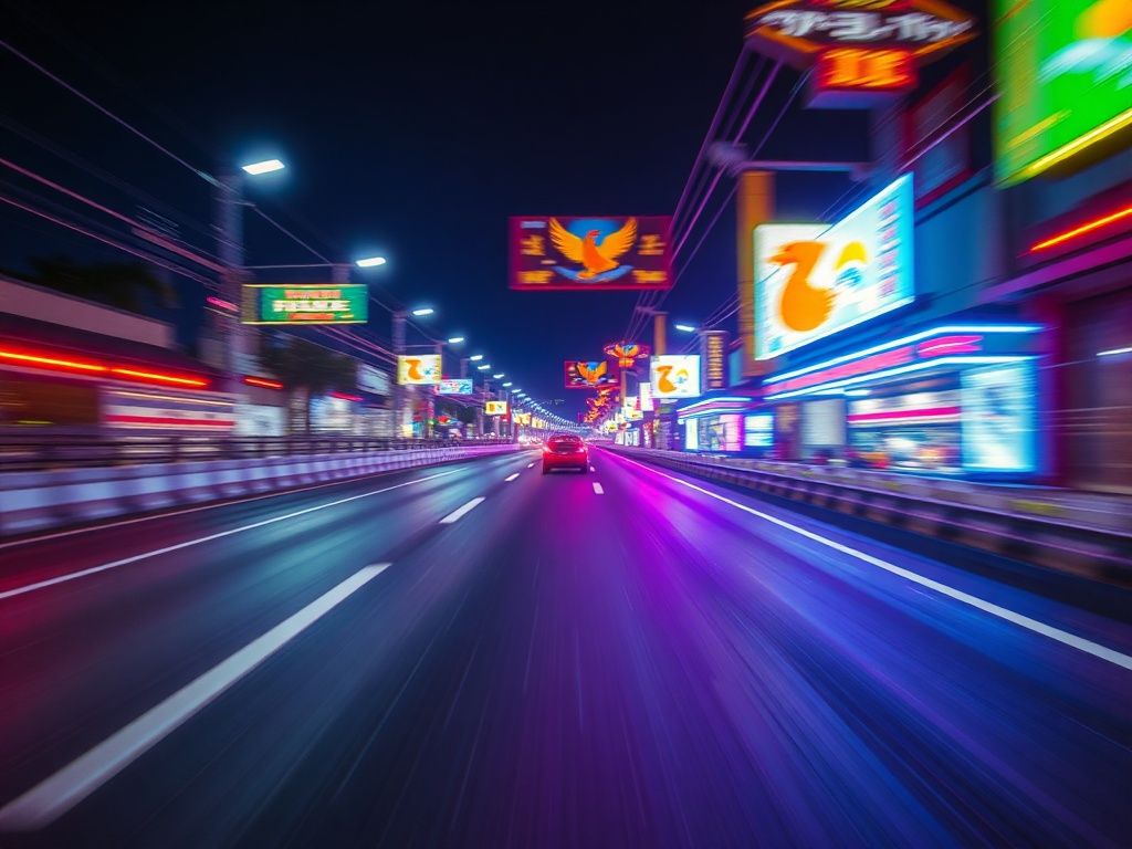 A neon-lit road at night with motion-blur, playful chicken silhouettes, dramatic speed lines, vibrant colors, welcoming arcade atmosphere.