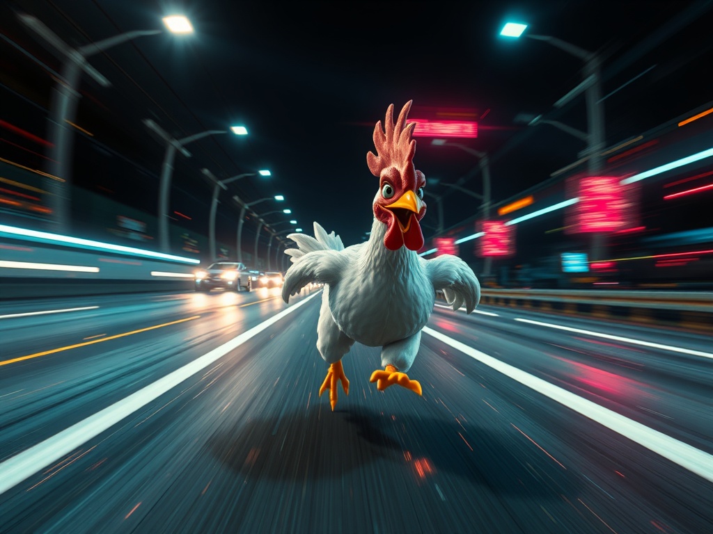 Dynamic neon-lit chicken road at night, sharp motion blur, multiple lanes, glowing obstacles, a determined cartoon chicken mid-dash, energetic sparks, cinematic lighting.
