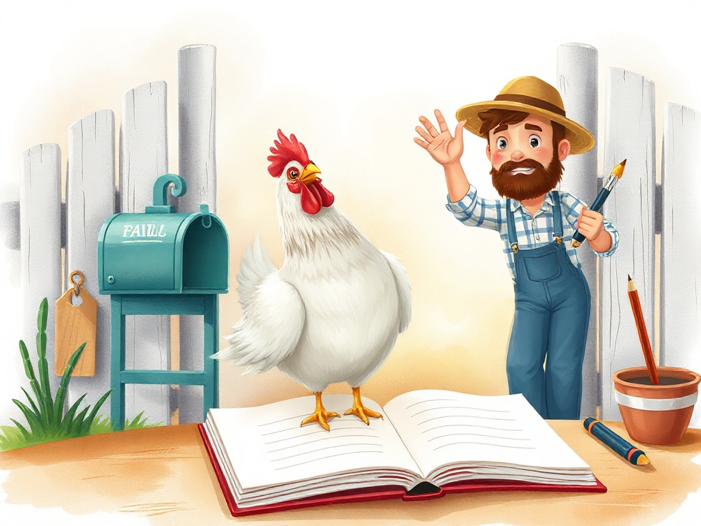 Playfully illustrated chicken farm gate, warm mailbox, open notebook and pencil, friendly farmer waving, soft glow, inviting mood, no text, no logos