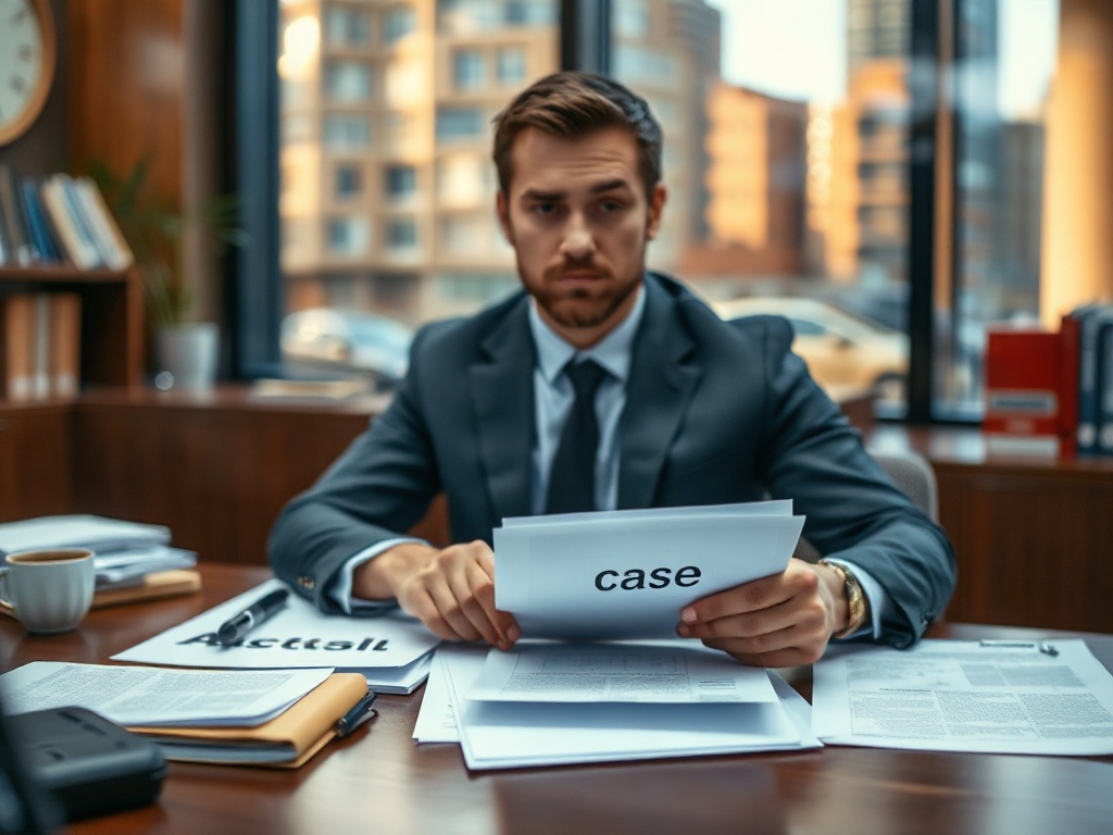 A determined person at a desk assembling legal documents, soft city-office background blur, warm hopeful lighting, folder labeled 'case', no logos, high detail."