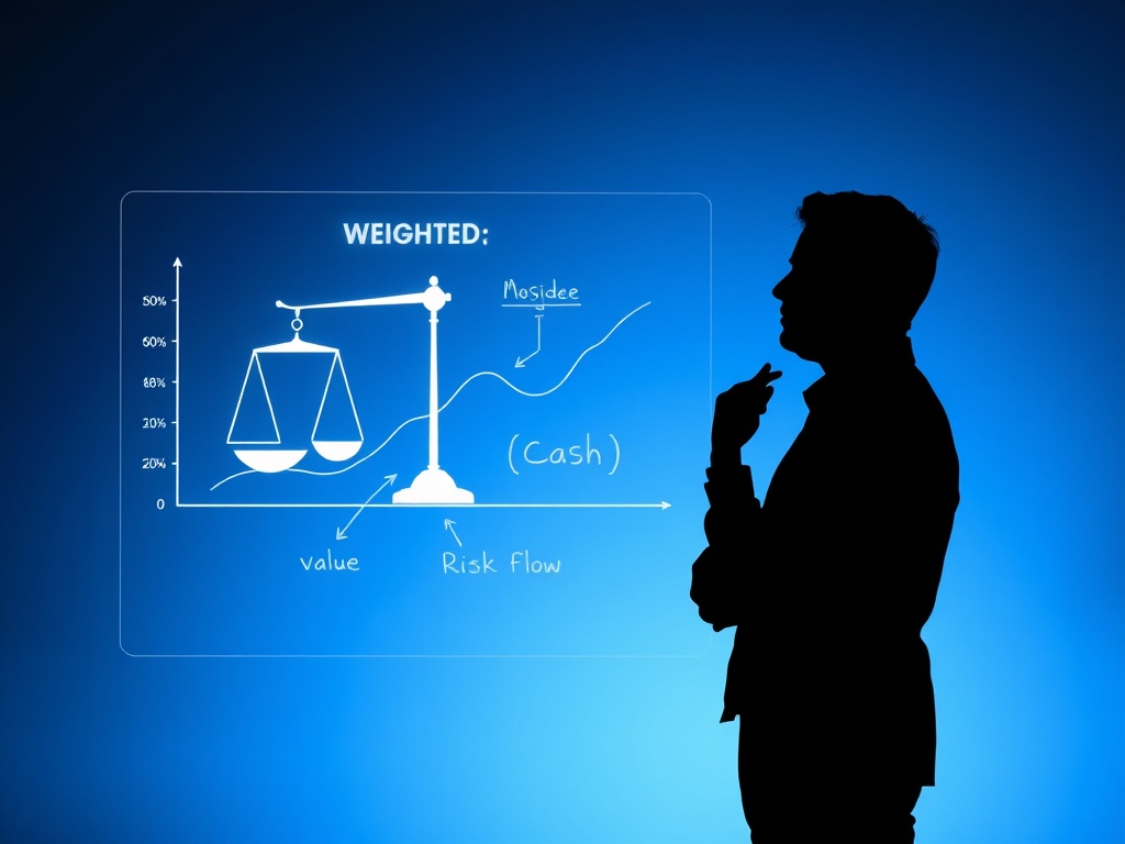 A thoughtful trainer silhouette beside a transparent floating chart showing “weighted” scales, cash-flow streams, and risk-to-value connections, professional finance mood, soft blue lighting.