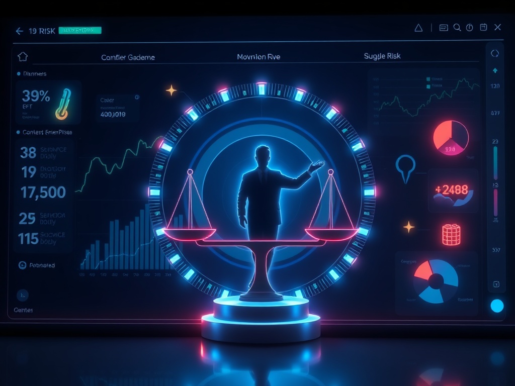 "futuristic financial dashboard" "glowing cashflow streams into a central enterprise silhouette" "balanced scales of risk" "circular weighted calculation diagram" "soft blue, professional lighting"