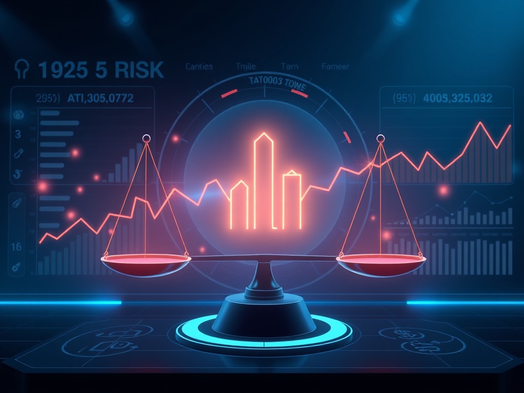"futuristic financial dashboard" "glowing cashflow streams into a central enterprise silhouette" "balanced scales of risk" "circular weighted calculation diagram" "soft blue, professional lighting"