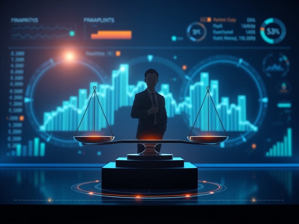 "futuristic financial dashboard" "glowing cashflow streams into a central enterprise silhouette" "balanced scales of risk" "circular weighted calculation diagram" "soft blue, professional lighting"