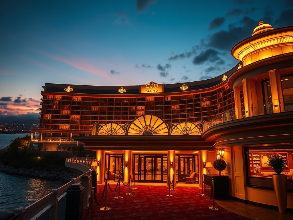 "Luxury Australian casino hotel at dusk, illuminated skyline, elegant VIP entrance, gold accents, velvet ropes, warm ocean-view suites, distant high-stakes ambiance, cinematic lighting."