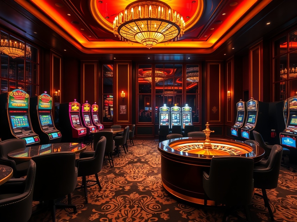 'luxury casino-hotel lounge, night glow, velvet seating, VIP atmosphere, roulette wheel reflections, elegant slot machines'