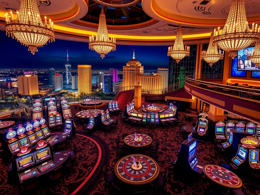 A glamorous luxury hotel casino in Australia at night, panoramic skyline, glowing chandeliers, elegant gaming tables and slots, opulent VIP lounge, upscale dining atmosphere, vibrant nightlife lights.
