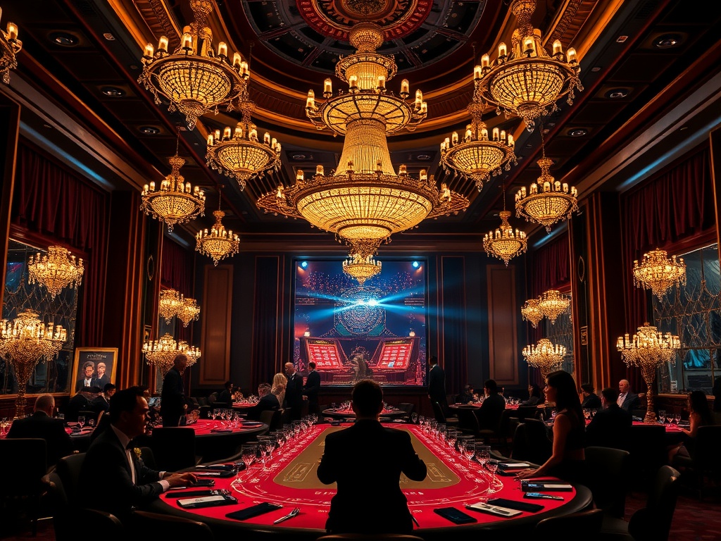 Luxurious casino hotel gala event, velvet lounges and golden chandeliers, high-stakes table silhouettes, VIP guests in elegant attire, cinematic night atmosphere, no text.