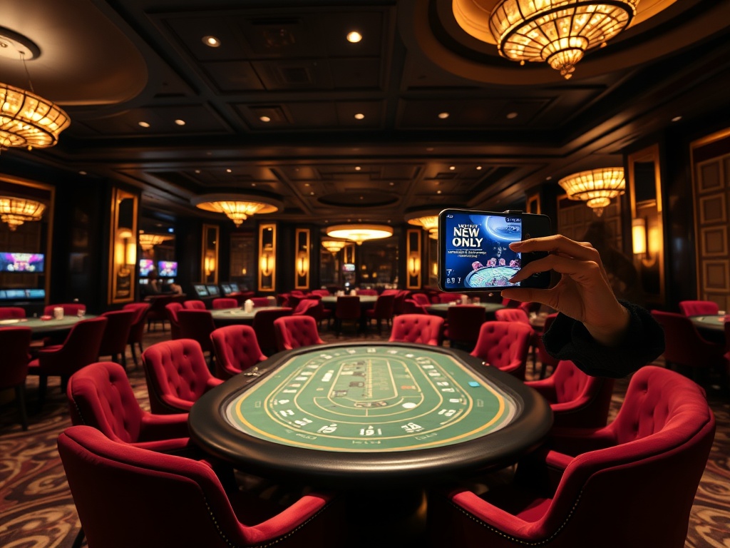 "Luxurious adult-only casino hotel interior at night, velvet seating, elegant lighting, high-stakes poker tables, subtle golden reflections, smartphone selfie pose ambiance, VIP lounge mood"