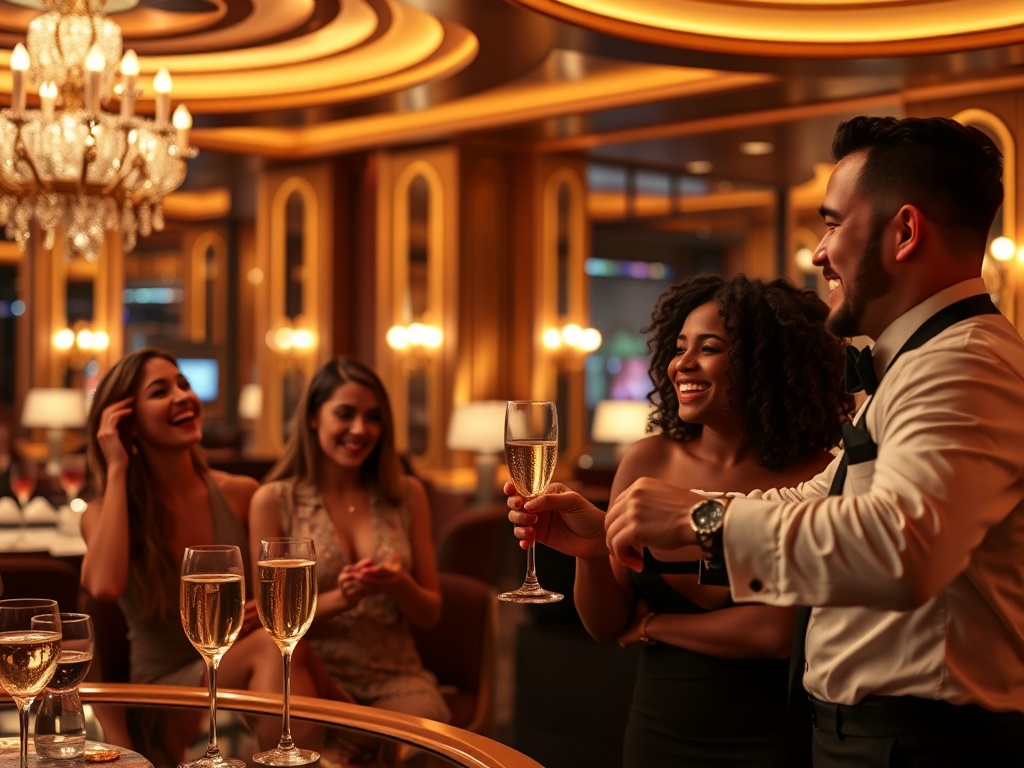 "A glamorous luxury casino lounge at night, soft gold lighting, elegant VIP suite view, three diverse guests laughing, waiter serving champagne, cinematic depth of field."